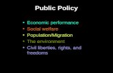 Public Policy Economic performance Social welfare Population/Migration The environment Civil liberties, rights, and freedoms.