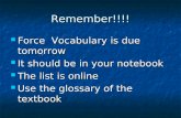 Remember!!!! Force Vocabulary is due tomorrow Force Vocabulary is due tomorrow It should be in your notebook It should be in your notebook The list is.