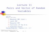 Lecture 11 Pairs and Vector of Random Variables Last Time Pairs of R.Vs. Marginal PMF (Cont.) Joint PDF Marginal PDF Functions of Two R.Vs Expected Values.