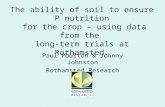 The ability of soil to ensure P nutrition for the crop – using data from the long-term trials at Rothamsted. Paul Poulton & Johnny Johnston Rothamsted.