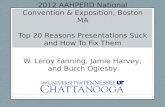 2012 AAHPERD National Convention & Exposition, Boston MA Top 20 Reasons Presentations Suck and How To Fix Them W. Leroy Fanning, Jamie Harvey, and Burch.