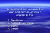 A document that contains the laws and rules to govern a country is the … 1.Constitution 2.Political Empowerment 3.Charter 4.Census.
