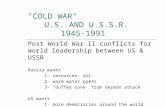 "COLD WAR" U.S. AND U.S.S.R. 1945-1991 Post World War II conflicts for world leadership between US & USSR Russia wants 1- resources- oil 2- warm water.