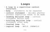 A loop is a repetition control structure. body - statements to be repeated control statement - decides whether another repetition needs to be made leading.