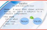 Verbs The verb is about the noun. Verb: A word that shows action, being, or links a subject to a subject complement. NounVerb The verb tells what the noun.