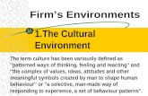 1.The Cultural Environment The term culture has been variously defined as ''patterned ways of thinking, feeling and reacting'' and ''the complex of values,