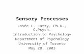 Sensory Processes Josée L. Jarry, Ph.D., C.Psych. Introduction to Psychology Department of Psychology University of Toronto May 28, 2003.
