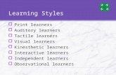 Learning Styles  Print learners  Auditory learners  Tactile learners  Visual learners  Kinesthetic learners  Interactive learners  Independent learners.