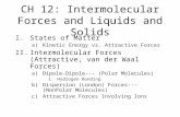 CH 12: Intermolecular Forces and Liquids and Solids I.States of Matter a)Kinetic Energy vs. Attractive Forces II.Intermolecular Forces (Attractive, van.