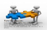 Functionalism: Functionalists take the view that society must be divided into separate groups, each of which performs a task that is necessary to the survival.