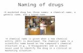 Naming of drugs A marketed drug has three names: a chemical name, a generic name, and a brand name. A chemical name is given when a new chemical entity.