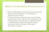What is a Business Environment?  The combination of internal and external factors that influence a company's operating situation.  The business environment.