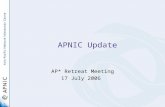 1 APNIC Update AP* Retreat Meeting 17 July 2006. 2 Status Update Membership –1250 ISPs –6 NIRs (CN, ID, JP, KR, TW, VN) Staff –48 staff –15+ nationalities.