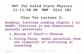 8/28/2015PHY 752 Fall 2015 -- Lecture 21 PHY 752 Solid State Physics 11-11:50 AM MWF Olin 103 Plan for Lecture 2: Reading: Continue reading Chapter 1 in.