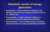 Metabolic modes of energy generation Respiration – couple substrate oxidation to the ultimate reduction of an extrinsic chemical such as O 2, DMSO, etc.