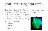 What are fingerprints? Impressions left on any surface composed of patterns made by the friction ridges – Same definitions could apply to toe, foot, or.
