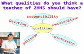 What qualities do you think a teacher of ZHHS should have? qualities responsibility Passion&love Devotion… profession patience.