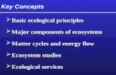 Key Concepts  Basic ecological principles  Major components of ecosystems  Matter cycles and energy flow  Ecosystem studies  Ecological services.