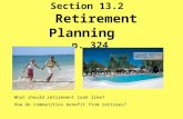 Section 13.2 Retirement Planning p. 324 What should retirement look like? How do communities benefit from retirees?