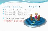 Last test… WATER! Chapter 9 – Surface Water Chapter 10 – Groundwater Chapter 15 – Earth’s Oceans Tentative Test Date : Friday December 3.