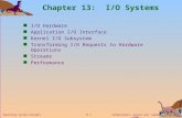 Silberschatz, Galvin and Gagne  2002 13.1 Operating System Concepts Chapter 13: I/O Systems I/O Hardware Application I/O Interface Kernel I/O Subsystem.