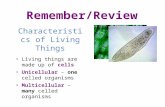 Characteristics of Living Things Living things are made up of cells Unicellular – one celled organisms Multicellular – many celled organisms Remember/Review.