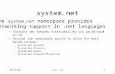 12/5/2015.net 1 system.net Contains any network functionallity you would need in c# Several sub namespaces exists to allow for more fined control –System.Net.Sockets.