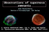 Observations of supernova remnants Anne Decourchelle Service d’Astrophysique, CEA Saclay I- Ejecta dominated SNRs: Cas A, Tycho and Kepler II- Synchrotron-dominated.