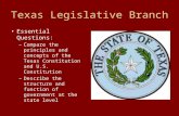 Texas Legislative Branch Essential Questions: –Compare the principles and concepts of the Texas Constitution and U.S. Constitution –Describe the structure.