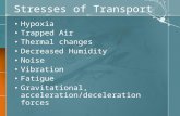 Stresses of Transport Hypoxia Trapped Air Thermal changes Decreased Humidity Noise Vibration Fatigue Gravitational, acceleration/deceleration forces.