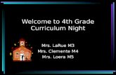 Welcome to 4th Grade Curriculum Night Mrs. LaRue M3 Mrs. Clemente M4 Mrs. Loera M5.