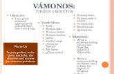 V ÁMONOS : T IENEN 5 M INUTOS Objective: I can greet someone appropriately and tell them how I am doing Vocab/Ideas: Hola Buenos días Buenas tardes Buenas.