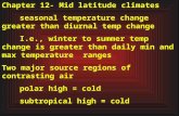 Chapter 12- Mid latitude climates seasonal temperature change greater than diurnal temp change