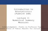 Introduction to Biostatistics (Pubhlth 540)   Lecture 3:  Numerical Summary Measures