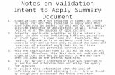 Notes on Validation Intent to Apply Summary Document