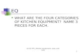 WHAT ARE THE FOUR CATEGORIES OF KITCHEN EQUIPMENT?  NAME 3 PIECES FOR EACH.