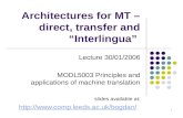 Architectures for MT – direct, transfer and “Interlingua”