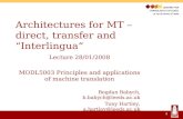 Architectures for MT  –  direct, transfer and  “ Interlingua ”