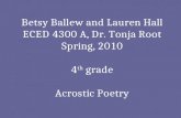 Betsy Ballew and Lauren Hall ECED 4300 A, Dr. Tonja Root Spring, 2010 4 th  grade Acrostic Poetry