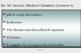 pH of weak electrolites  Indicators  The Henderson-Hasselbalch equation  Titration