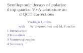 Semileptonic decays of polarized top quarks: V+A admixture and QCD corrections