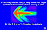 Radiation pressure and gas drag forces on a single particle and wave excitation in a dusty plasma