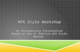 APA Style Workshop An Introductory Presentation Based on the 6 th  Edition APA Style Manual