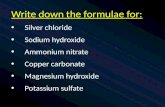 Write down the formulae for: Silver chloride Sodium hydroxide Ammonium nitrate Copper carbonate