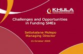 Challenges and Opportunities  in Funding SMEs Setlakalane Molepo Managing Director 15 October 2009