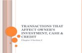 Transactions that affect owner’s Investment, cash & Credit