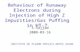 Behaviour of Runaway Electrons during Injection of High Z Impurities/Gas Puffing in HT-7 S.Sajjad 2008-03-16 INSTITUTE OF PLASMA PHYSICS,HEFEI CHINA.