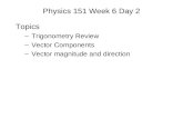 Physics 151 Week 6 Day 2 Topics –Trigonometry Review –Vector Components –Vector magnitude and direction.