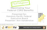 Maximizing Your Federal CSRS Benefits Presented for: Honolulu Pacific Federal Executive Board Presenter: Ann Vanderslice Securities offered through Allied.