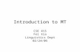 Introduction to MT CSE 415 Fei Xia Linguistics Dept 02/24/06.
